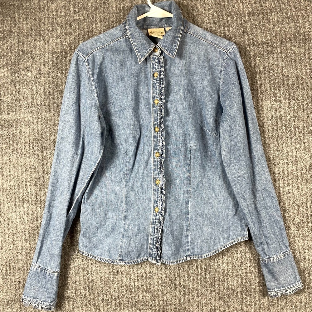 St Johns Bay Top Women Small S Blue Denim Button Up Shirt Western Workwear 90s